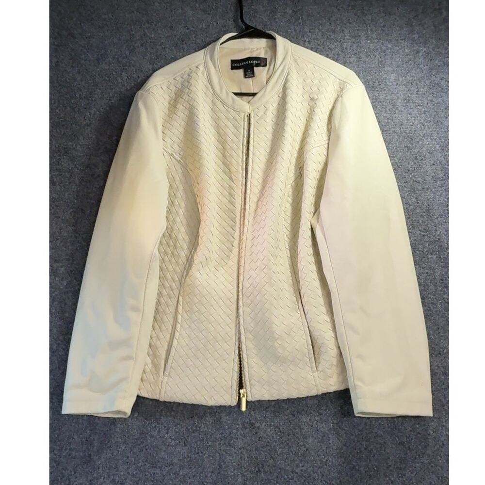 Colleen Lopez Women's Cream Woven Front Faux Leather Knit Mix Zip Jacket Size 1X